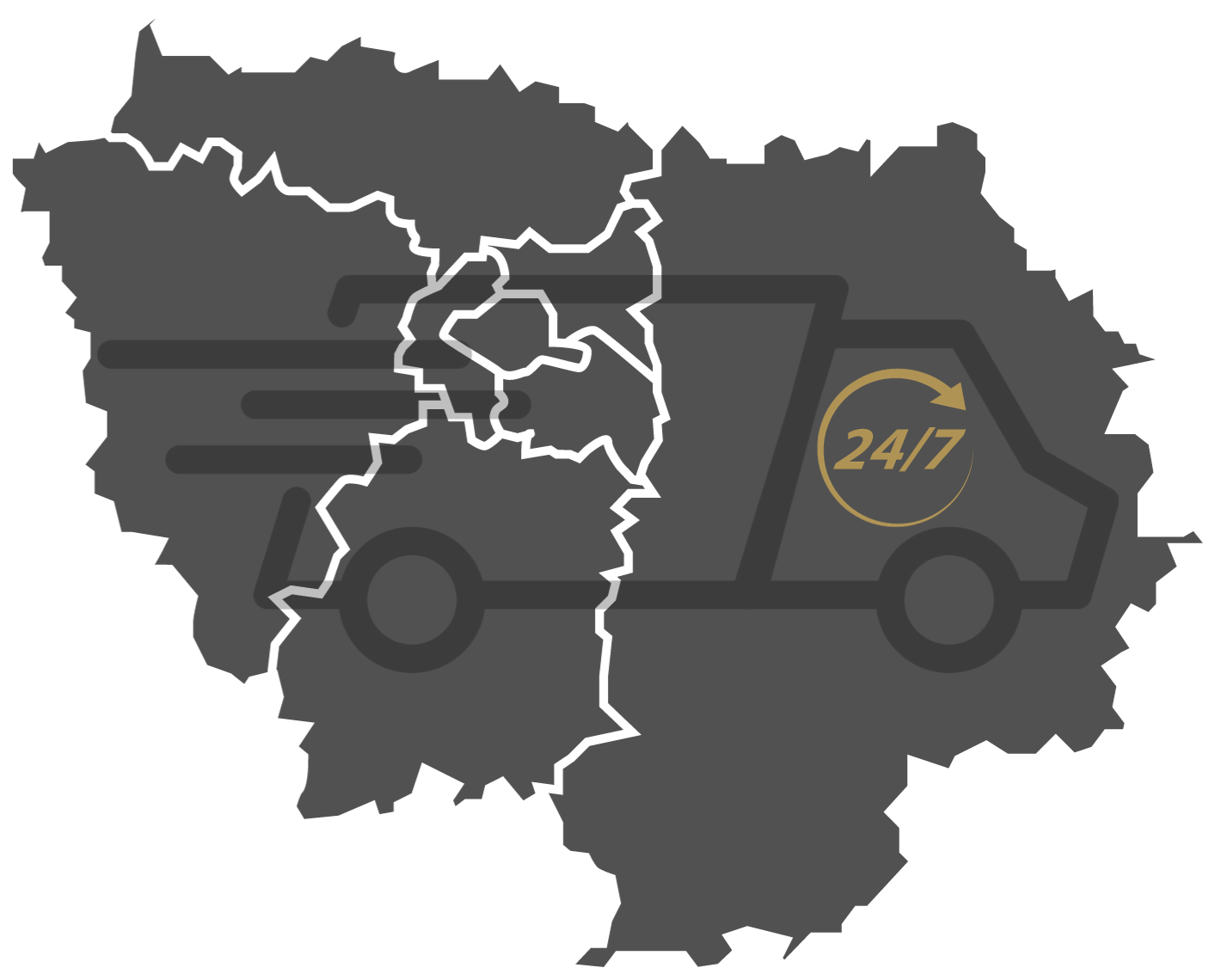 Logo d'Essence Services montrant un camion de livraison avec l'icône 24/7 sur une carte stylisée de l'Île-de-France, symbolisant la disponibilité de leurs services dans toute la région. Logo d'Essence Services montrant un camion de livraison avec l'icône 24/7 sur une carte stylisée de l'Île-de-France, symbolisant la disponibilité de leurs services dans toute la région.